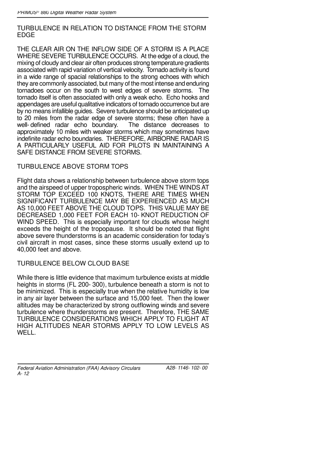 Honeywell 880 manual Turbulence in Relation to Distance from the Storm Edge, Turbulence Above Storm Tops 