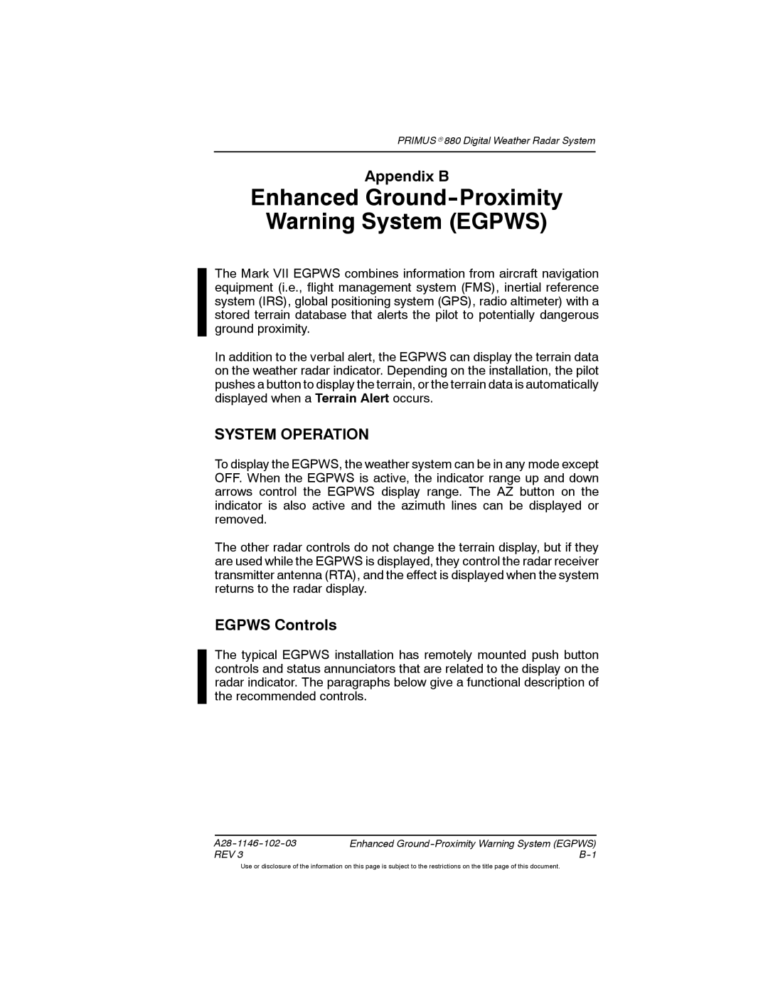 Honeywell 880 manual Enhanced Ground-Proximity Warning System Egpws, Appendix B, System Operation, Egpws Controls 