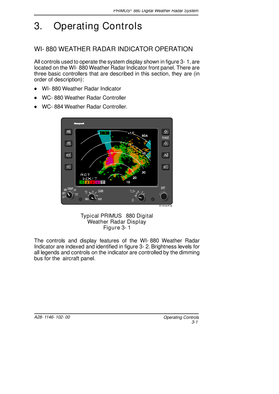 Honeywell manual Operating Controls, WI- 880 Weather Radar Indicator Operation 