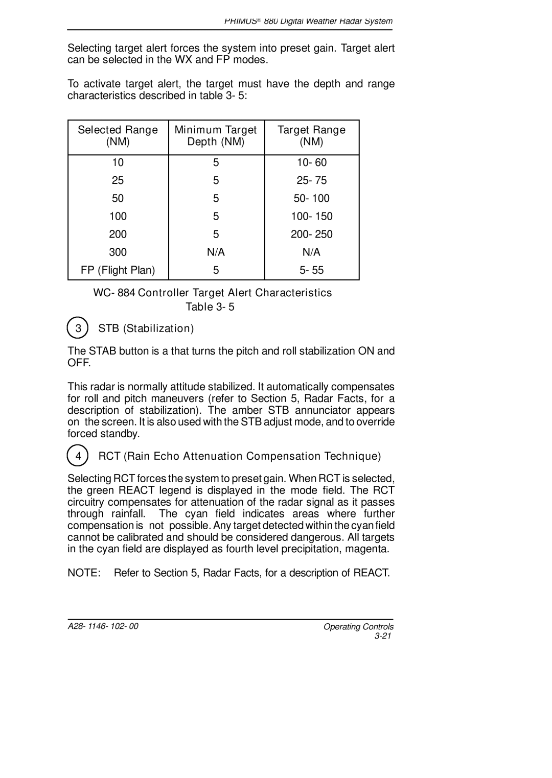 Honeywell 880 manual Selected Range Minimum Target Target Range Depth NM, RCT Rain Echo Attenuation Compensation Technique 