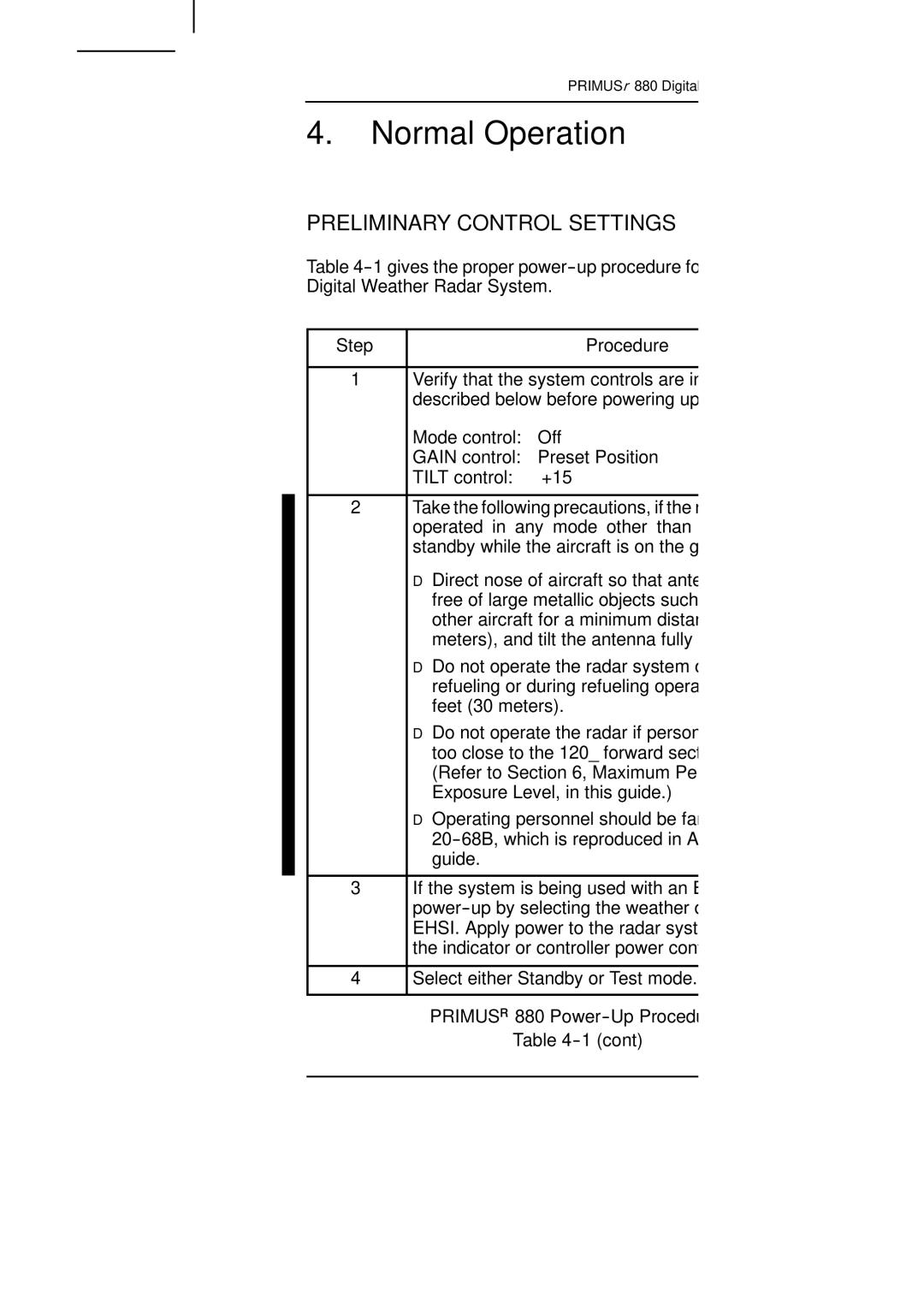 Honeywell manual Normal Operation, Preliminary Control Settings, Step Procedure, Primusr 880 Power--Up Procedure Cont 