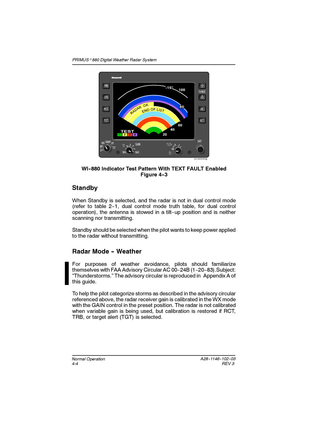 Honeywell manual Standby, Radar Mode Weather, WI--880 Indicator Test Pattern With Text Fault Enabled 