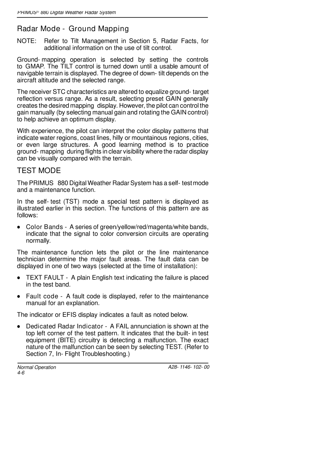 Honeywell 880 manual Radar Mode Ground Mapping, Test Mode 