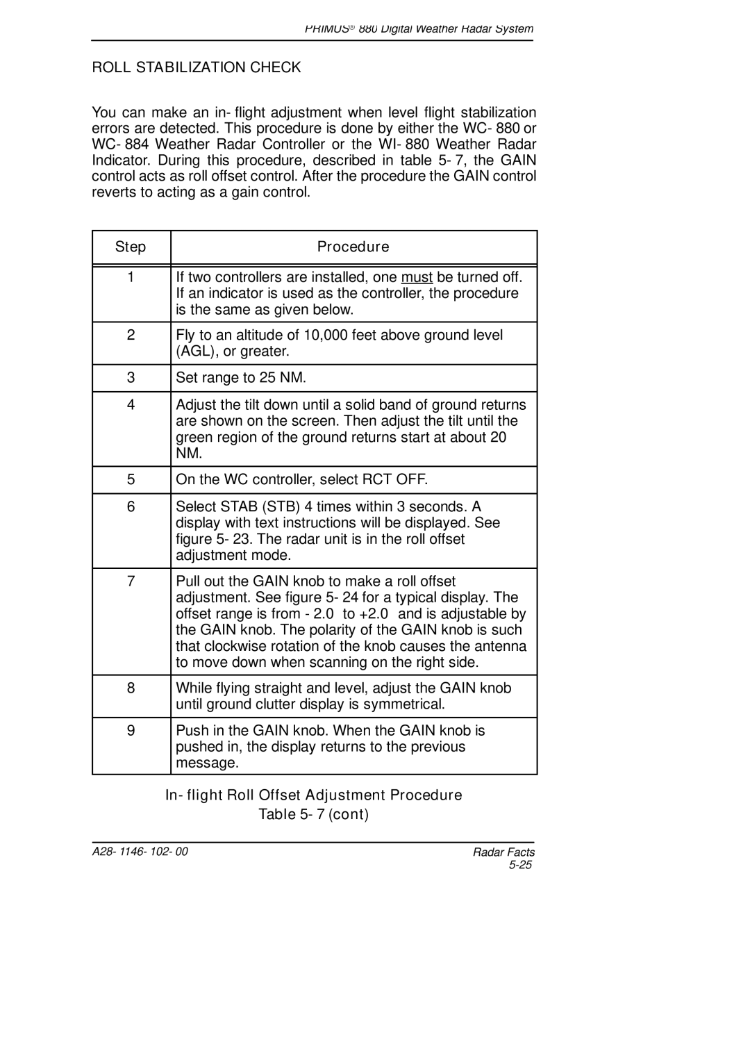 Honeywell 880 manual The radar unit is in the roll offset, In- flight Roll Offset Adjustment Procedure 