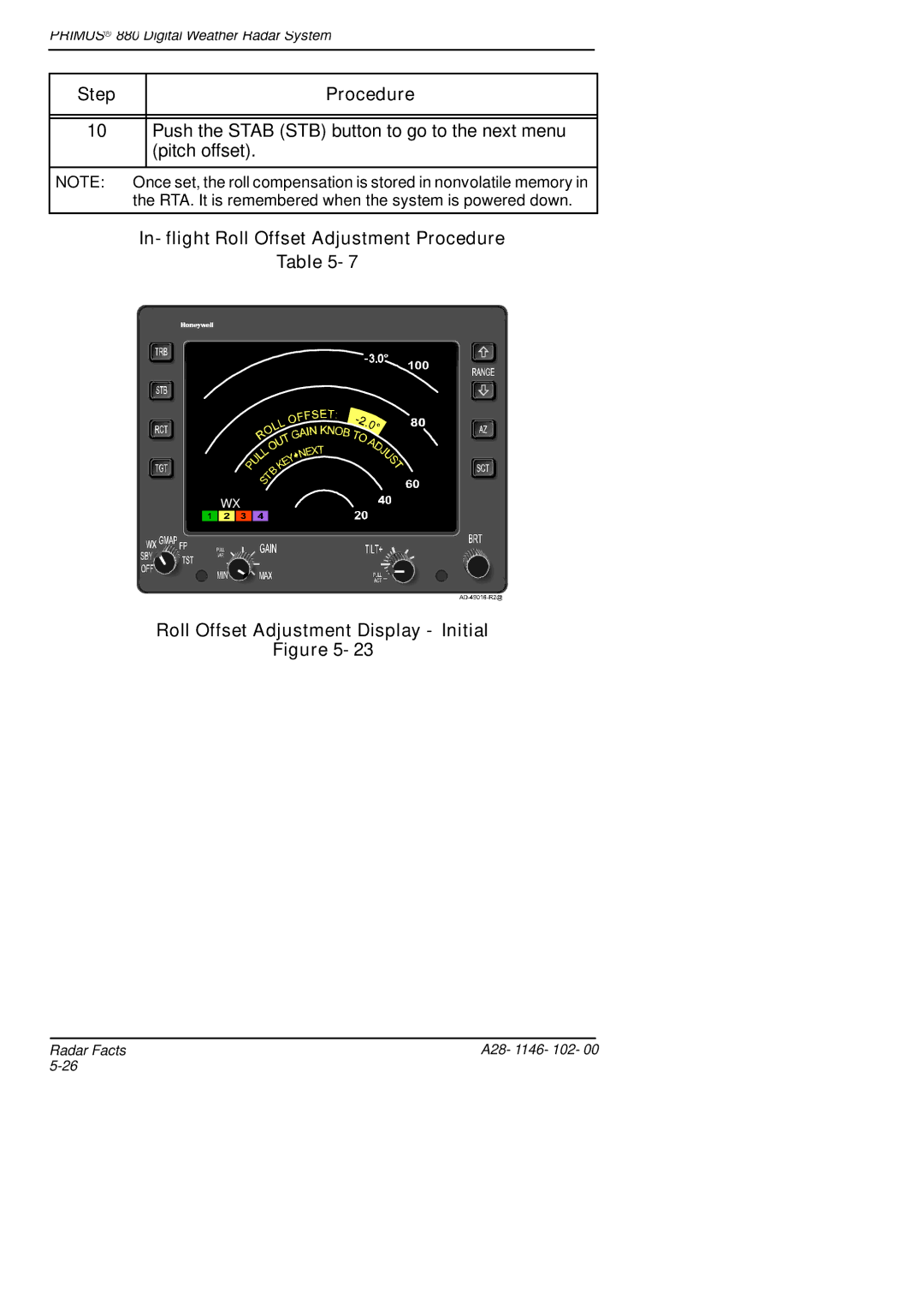 Honeywell 880 manual Push the Stab STB button to go to the next menu pitch offset 