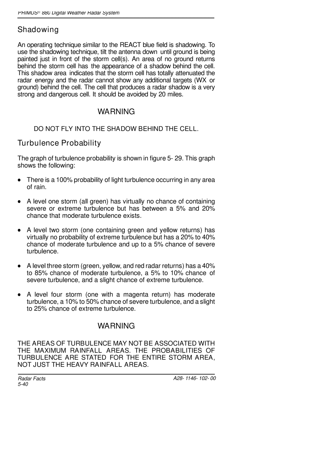 Honeywell 880 manual Shadowing, Turbulence Probability, Do not FLY Into the Shadow Behind the Cell 