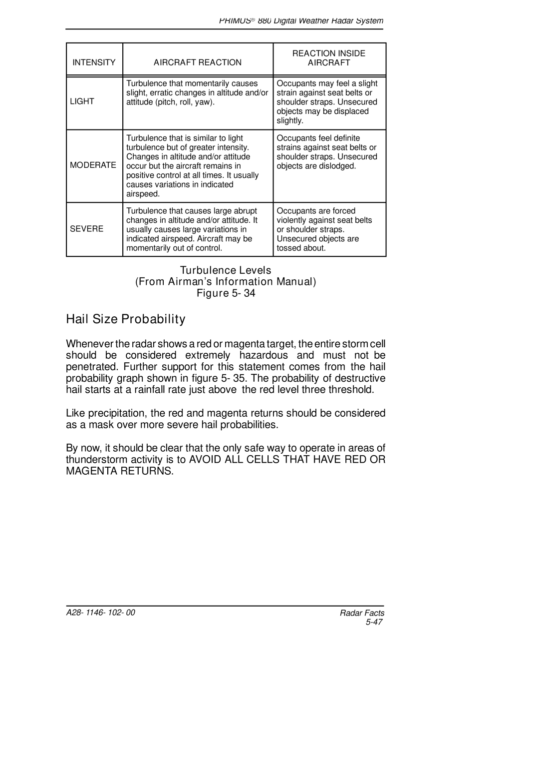 Honeywell 880 manual Hail Size Probability, Turbulence Levels From Airman’s Information Manual 