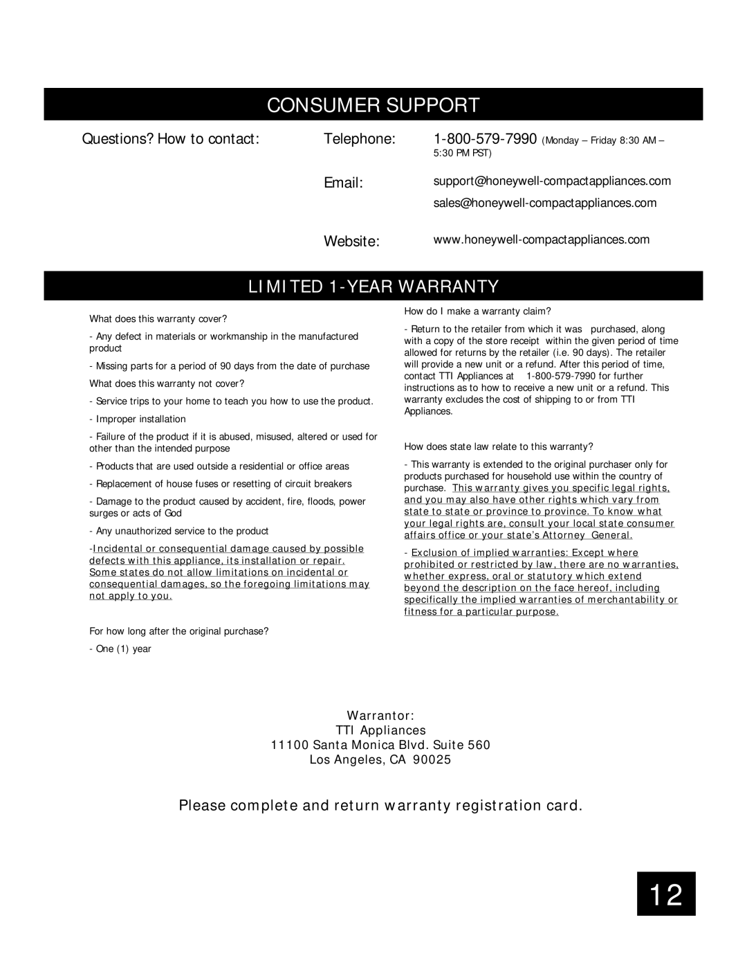 Honeywell 88013 important safety instructions Consumer Support 