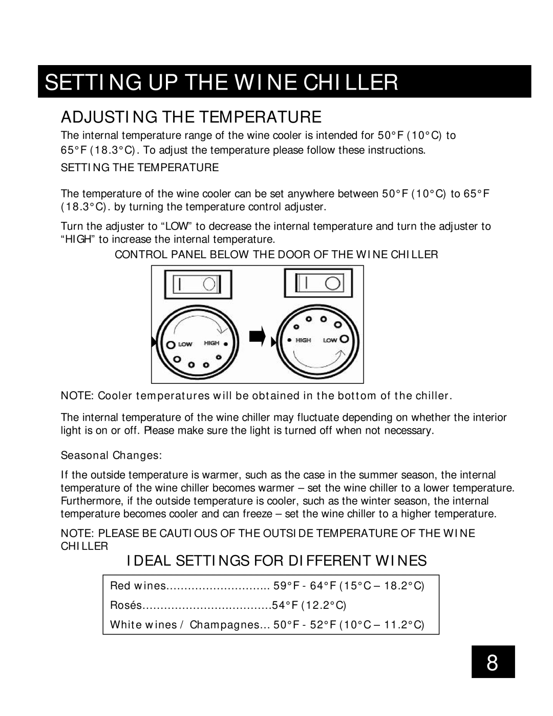 Honeywell 88013 Adjusting the Temperature, Ideal Settings for Different Wines, Setting the Temperature 