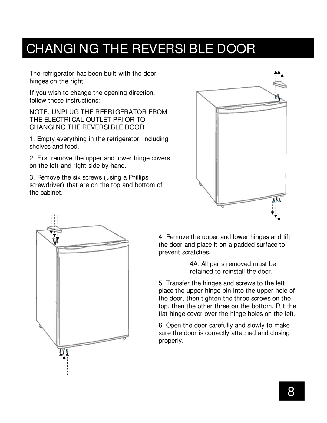 Honeywell 88037 important safety instructions Electrical Outlet Prior to Changing the Reversible Door 