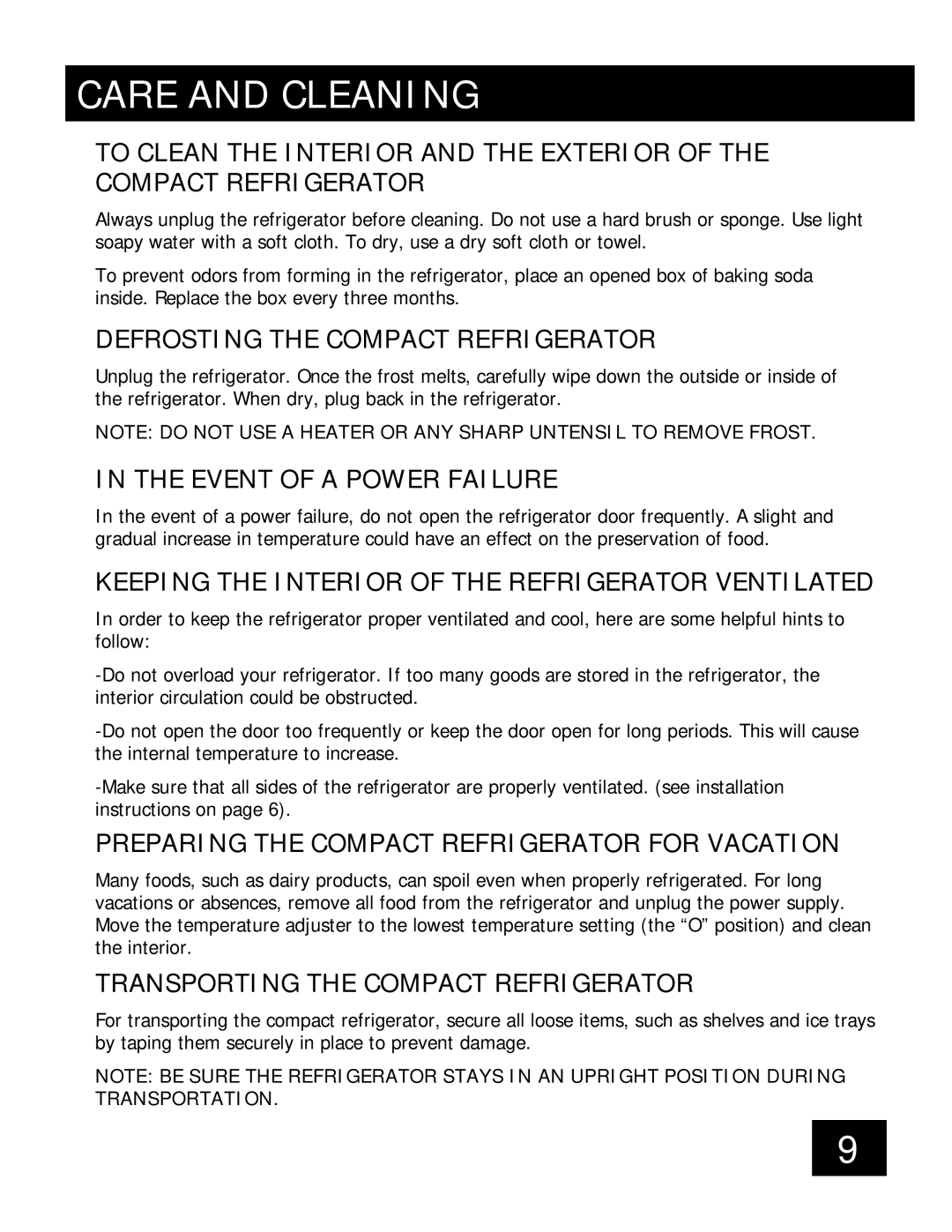 Honeywell 88037 important safety instructions Care and Cleaning, Defrosting the Compact Refrigerator 