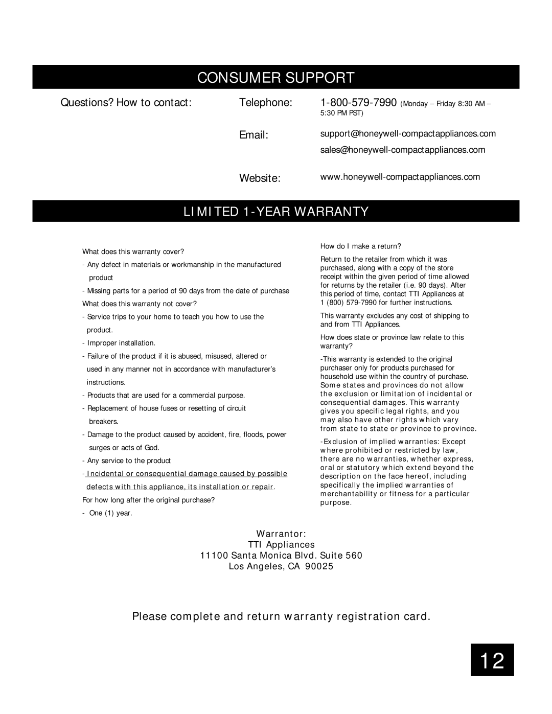 Honeywell 88065 important safety instructions Consumer Support, Please complete and return warranty registration card 