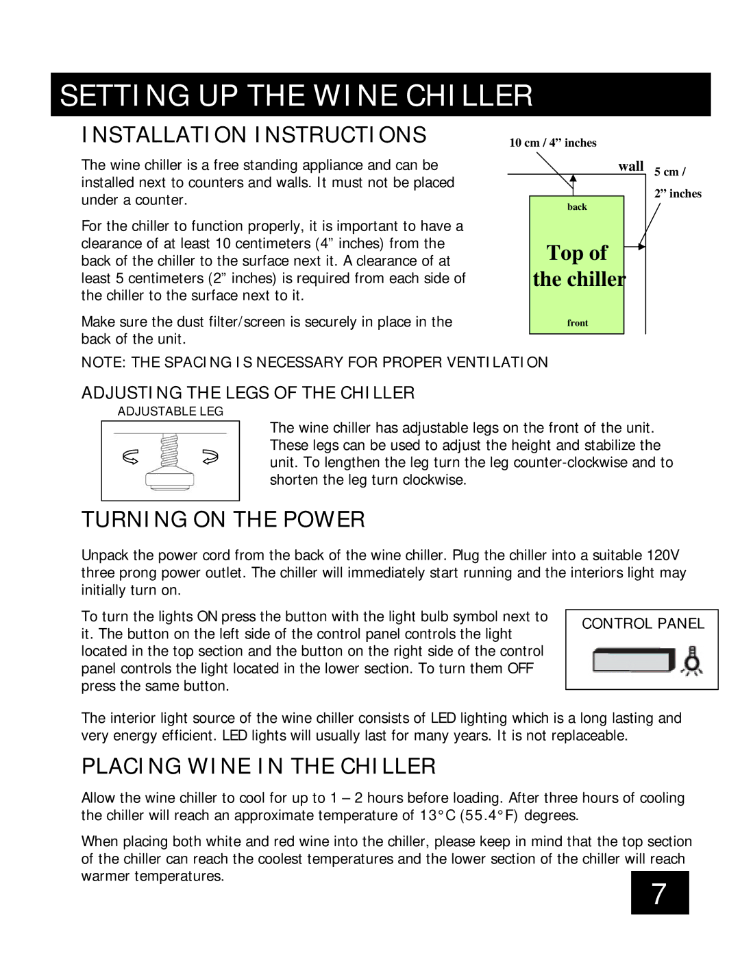 Honeywell 88065 important safety instructions Installation Instructions, Turning on the Power, Placing Wine in the Chiller 