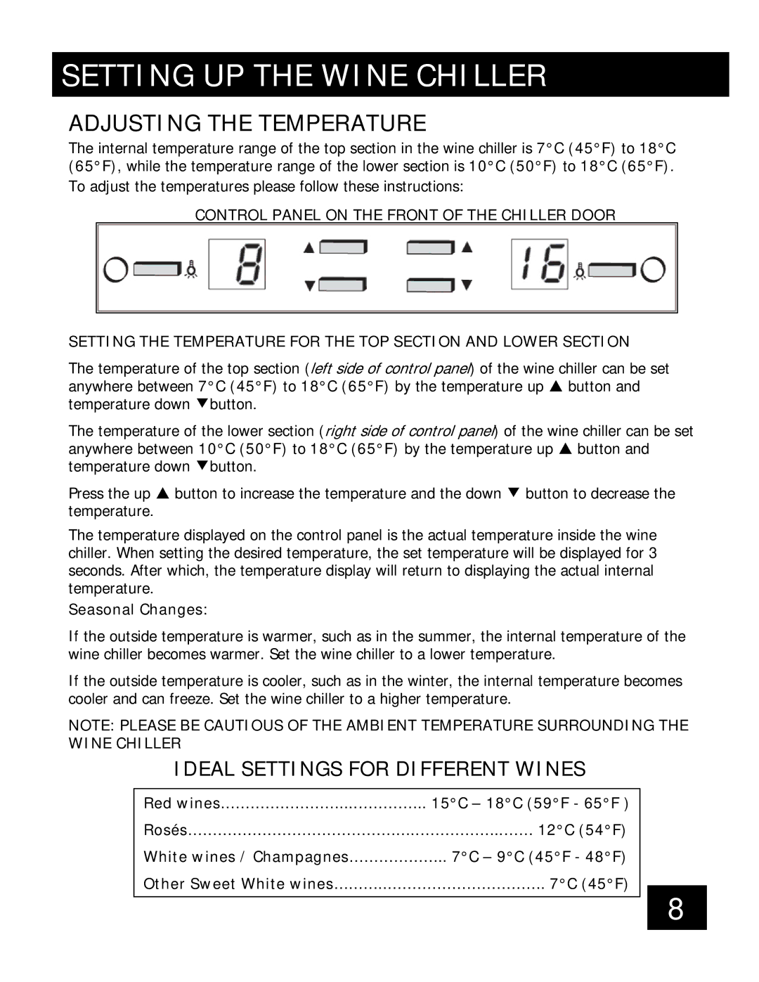 Honeywell 88065 Adjusting the Temperature, Ideal Settings for Different Wines, Seasonal Changes 