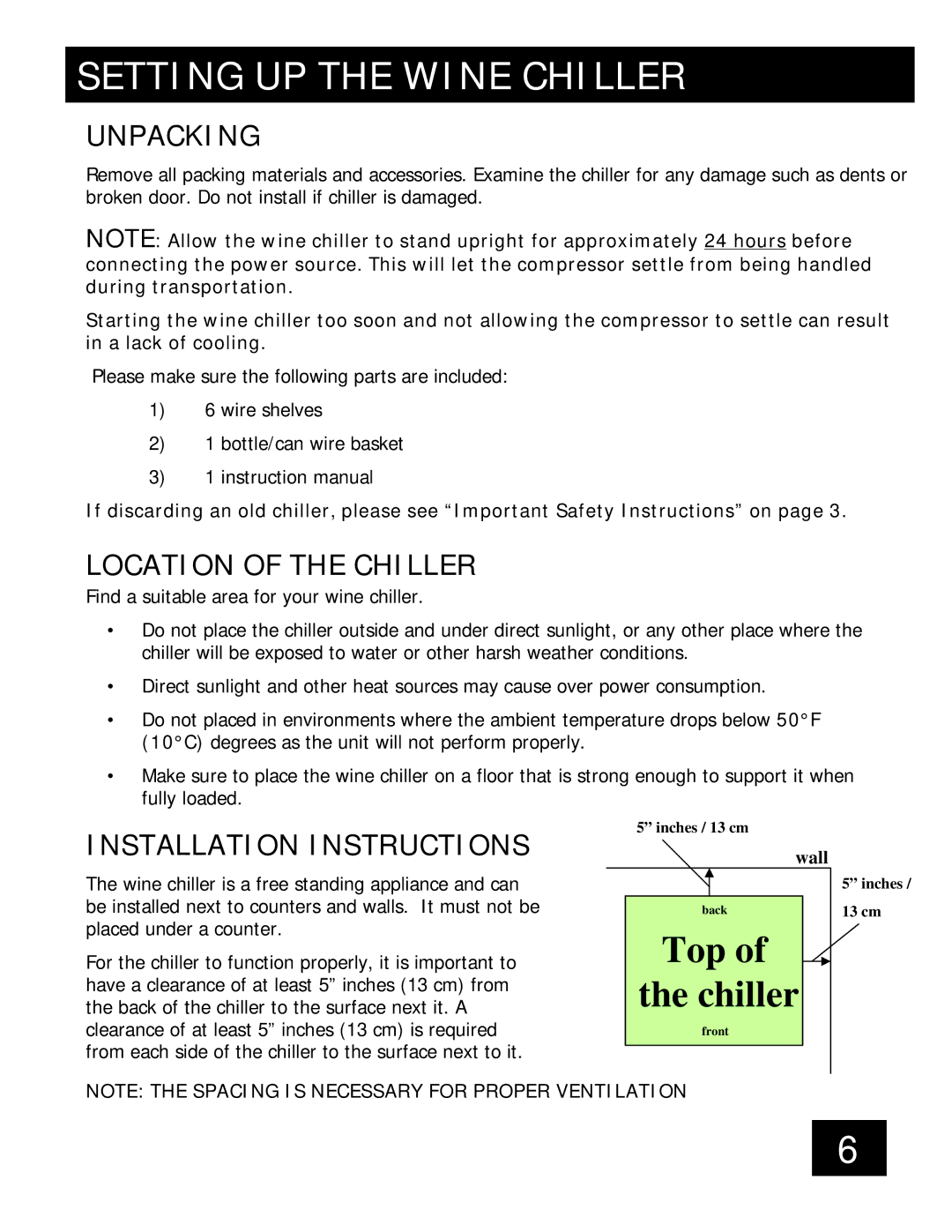 Honeywell 88080 Setting UP the Wine Chiller, Unpacking, Location of the Chiller, Installation Instructions 