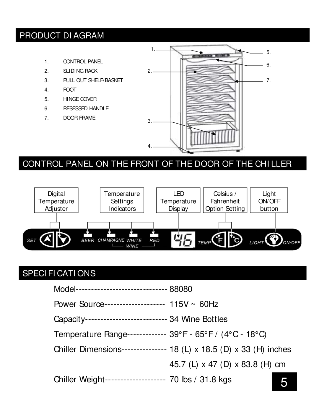 Honeywell 88080 Product Diagram, Control Panel On The Front Of The Door Of The Chiller, Specifications 