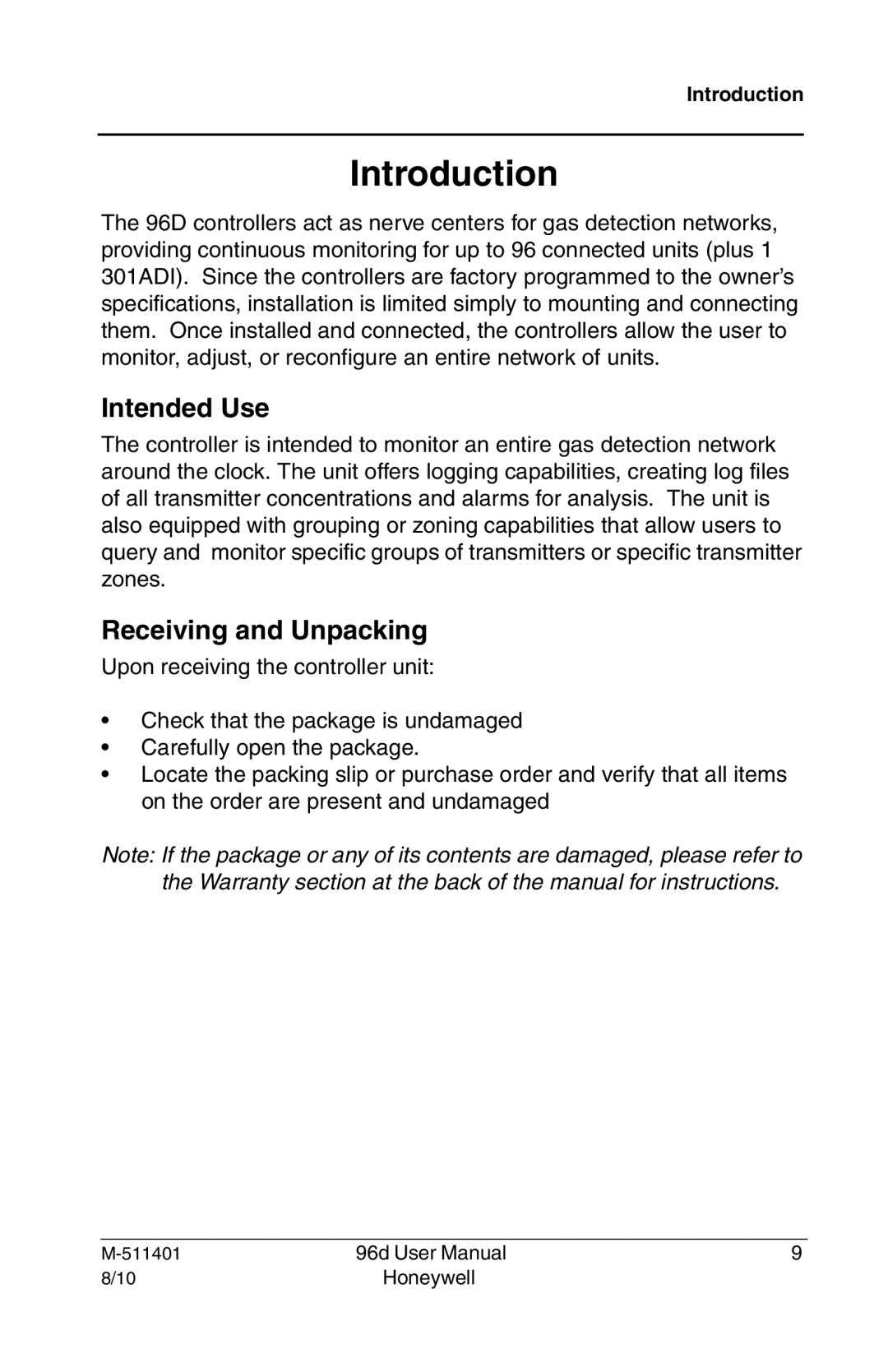 Honeywell 96D user manual Intended Use, Receiving and Unpacking 