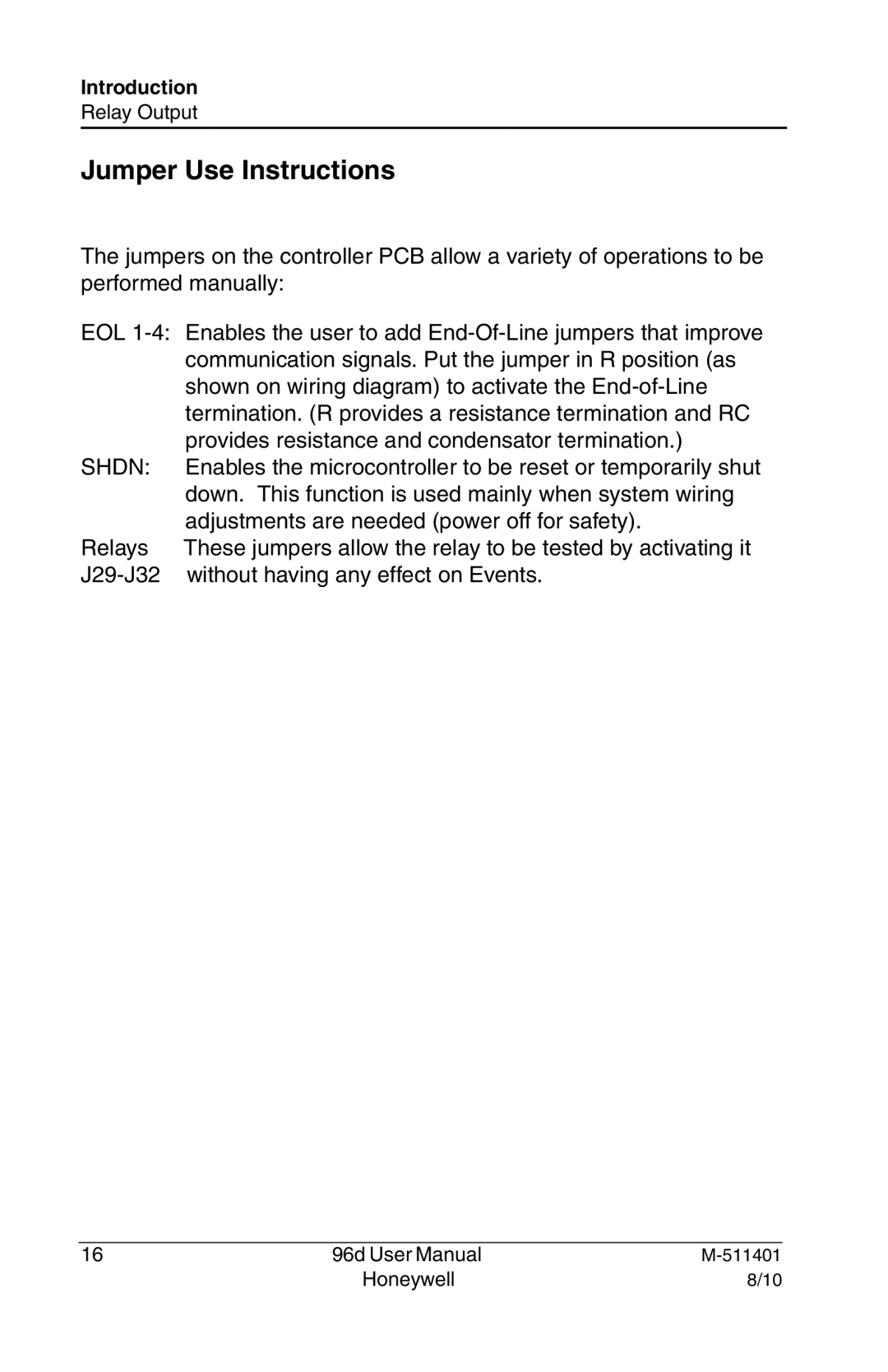 Honeywell 96D user manual Jumper Use Instructions 