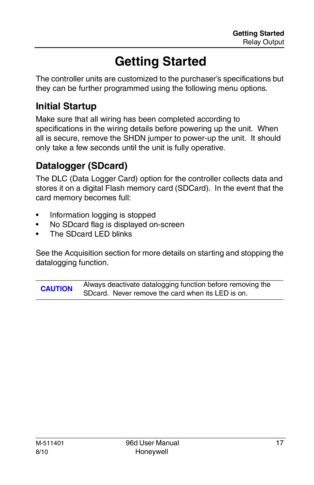 Honeywell 96D user manual Initial Startup, Datalogger SDcard 