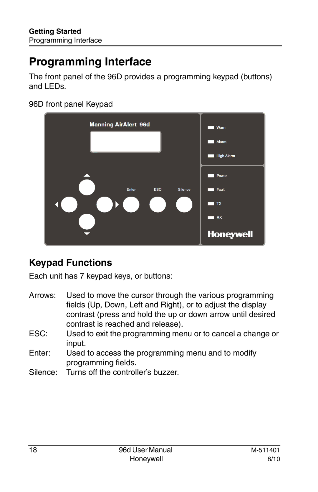 Honeywell 96D user manual Programming Interface, Keypad Functions 