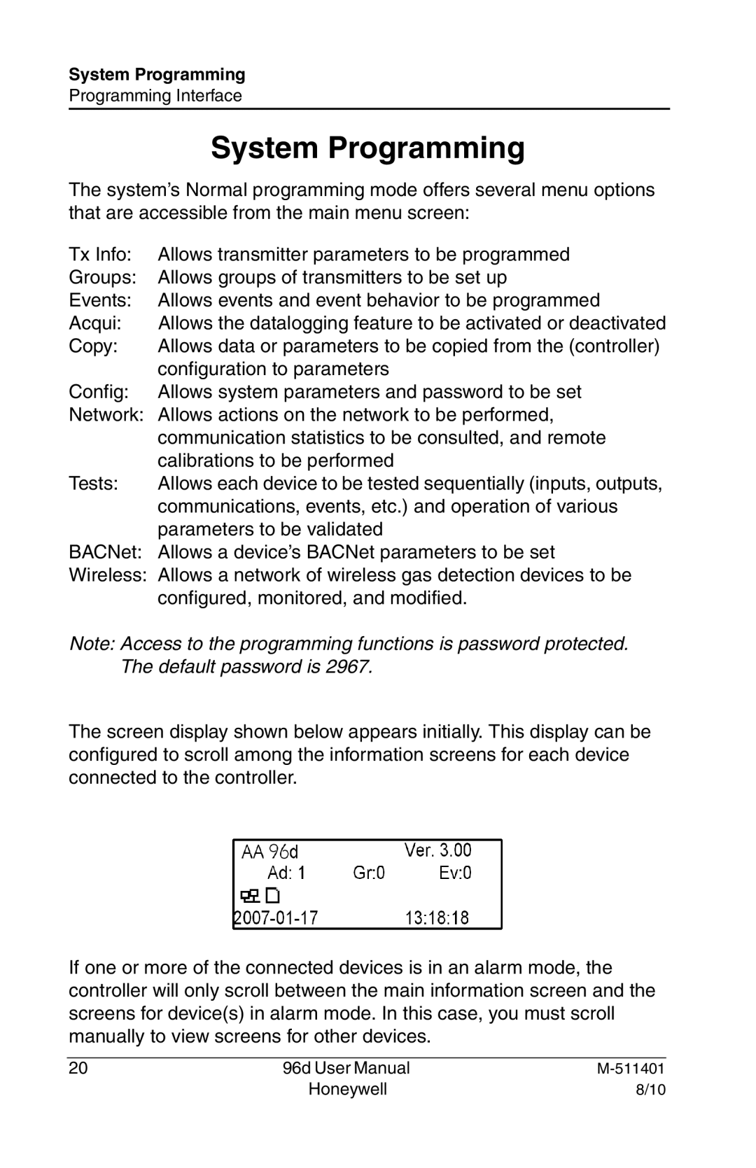 Honeywell 96D user manual System Programming 