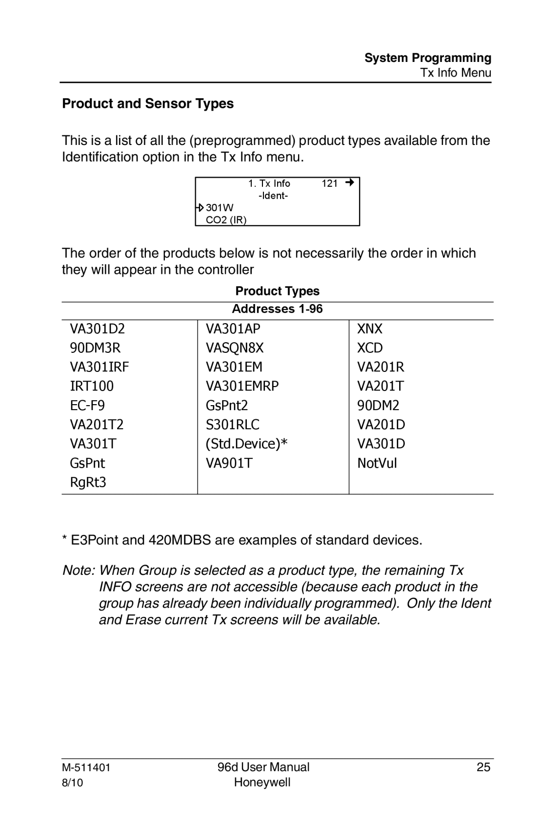 Honeywell 96D user manual Product and Sensor Types 