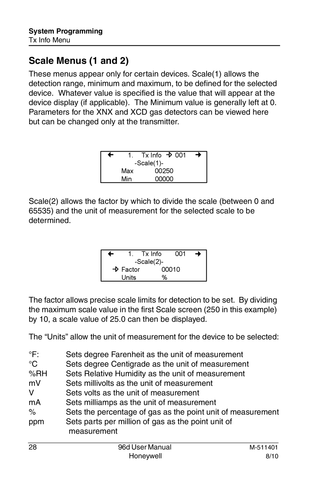 Honeywell 96D user manual Scale Menus 1 