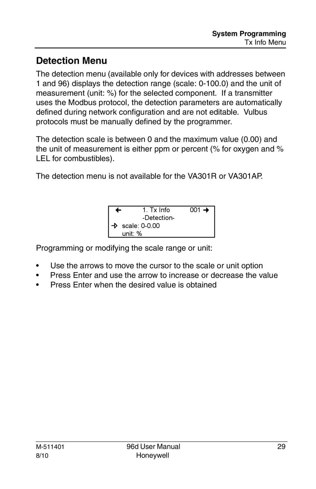 Honeywell 96D user manual Detection Menu 