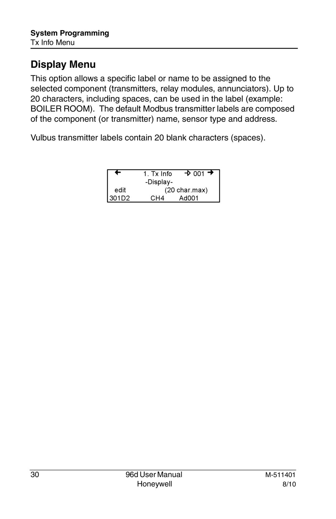 Honeywell 96D user manual Display Menu 