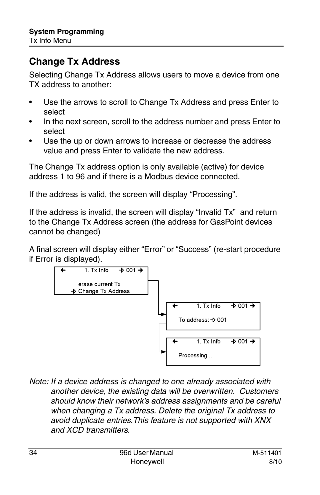 Honeywell 96D user manual Change Tx Address 