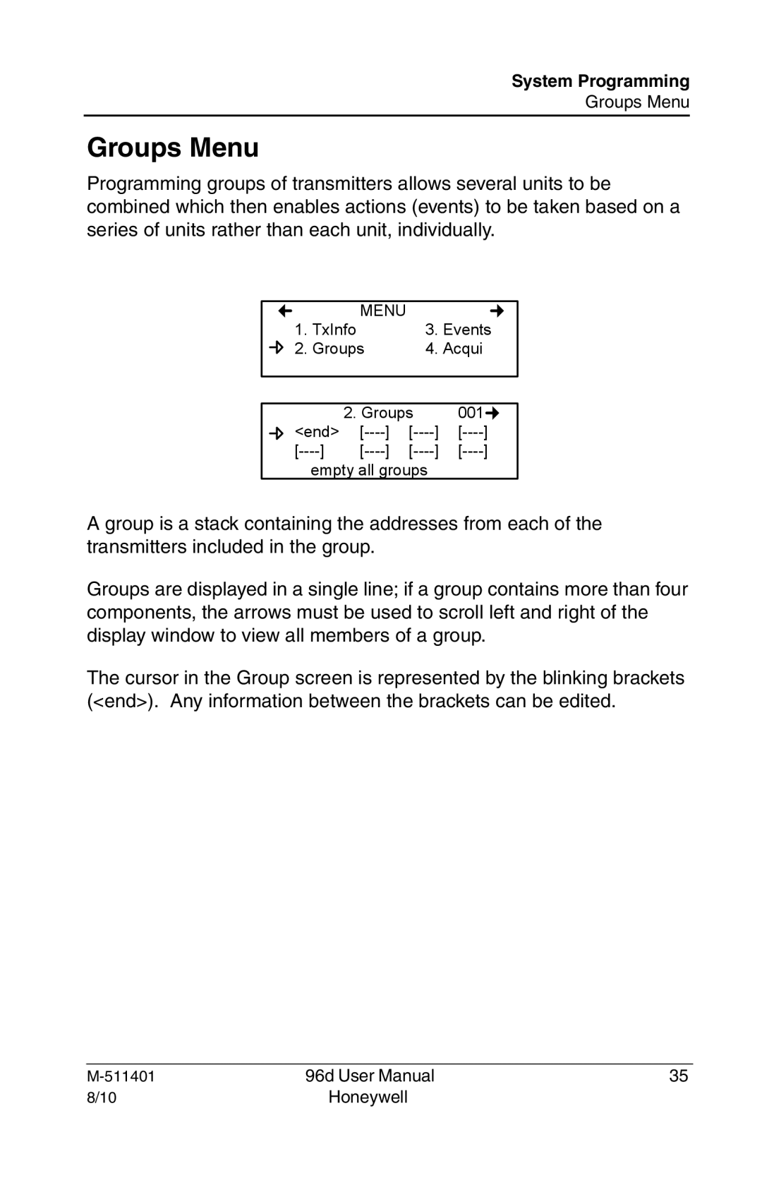 Honeywell 96D user manual Groups Menu 