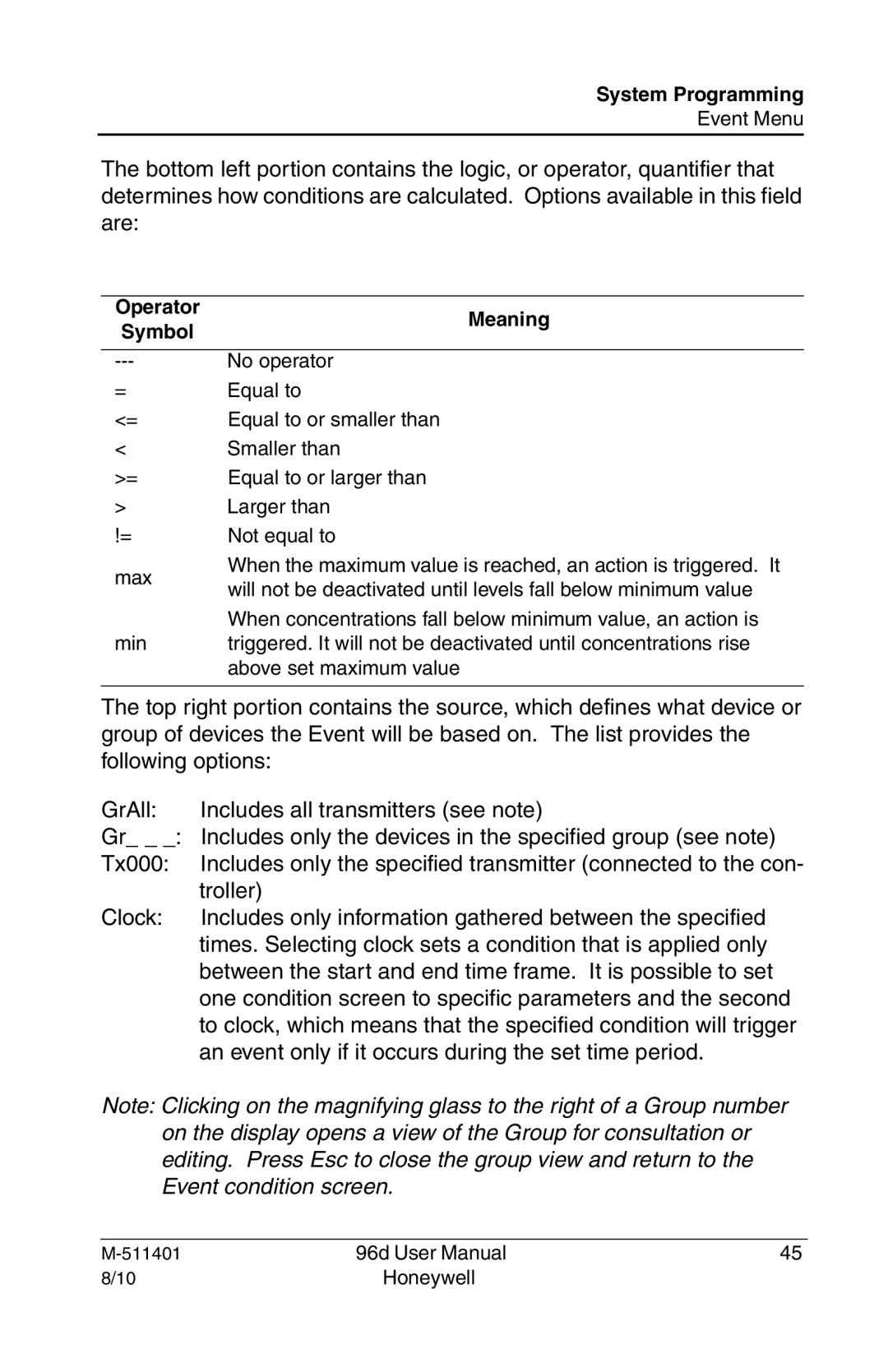 Honeywell 96D user manual Operator Symbol Meaning 