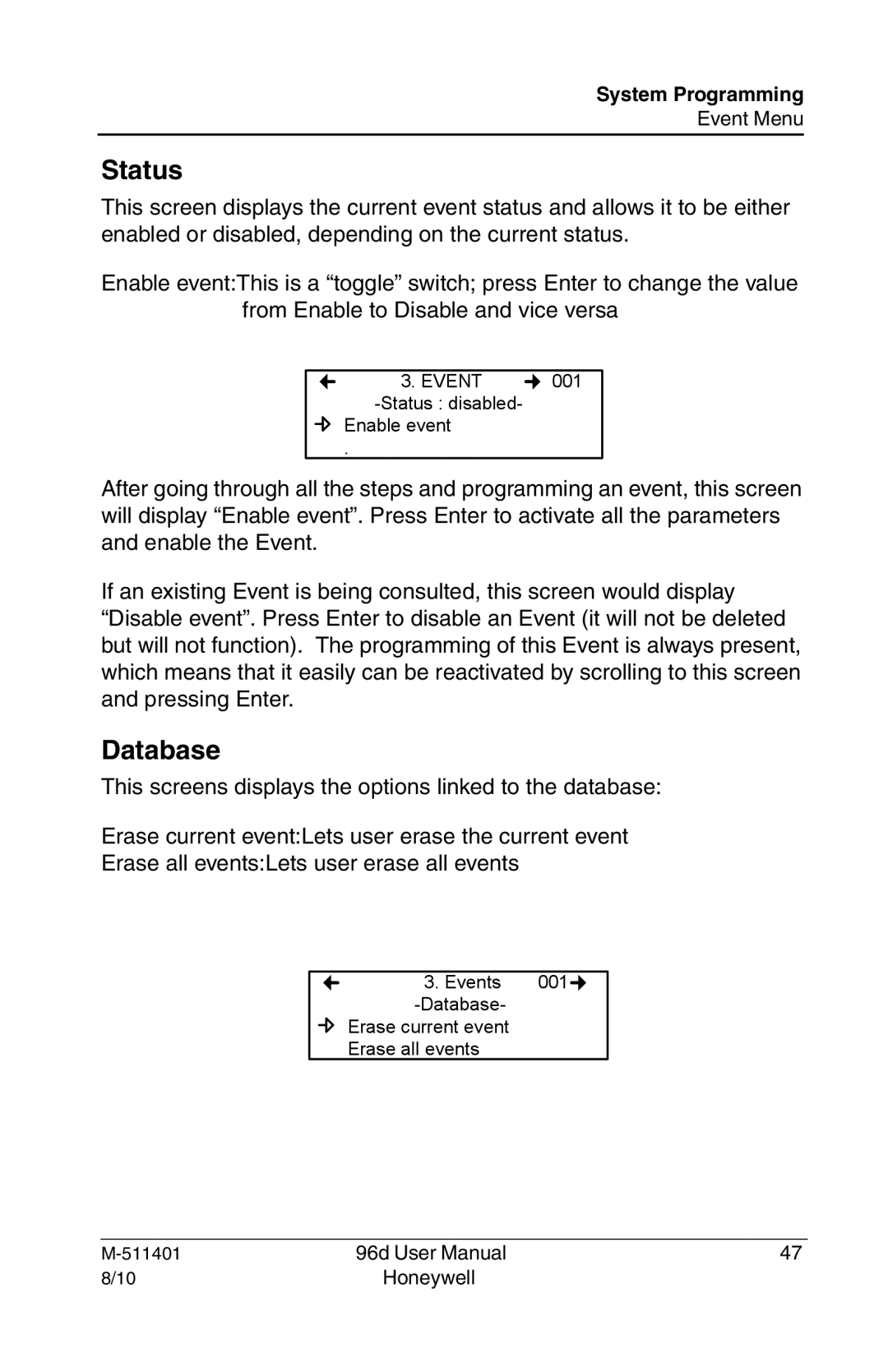 Honeywell 96D user manual Status, Database 