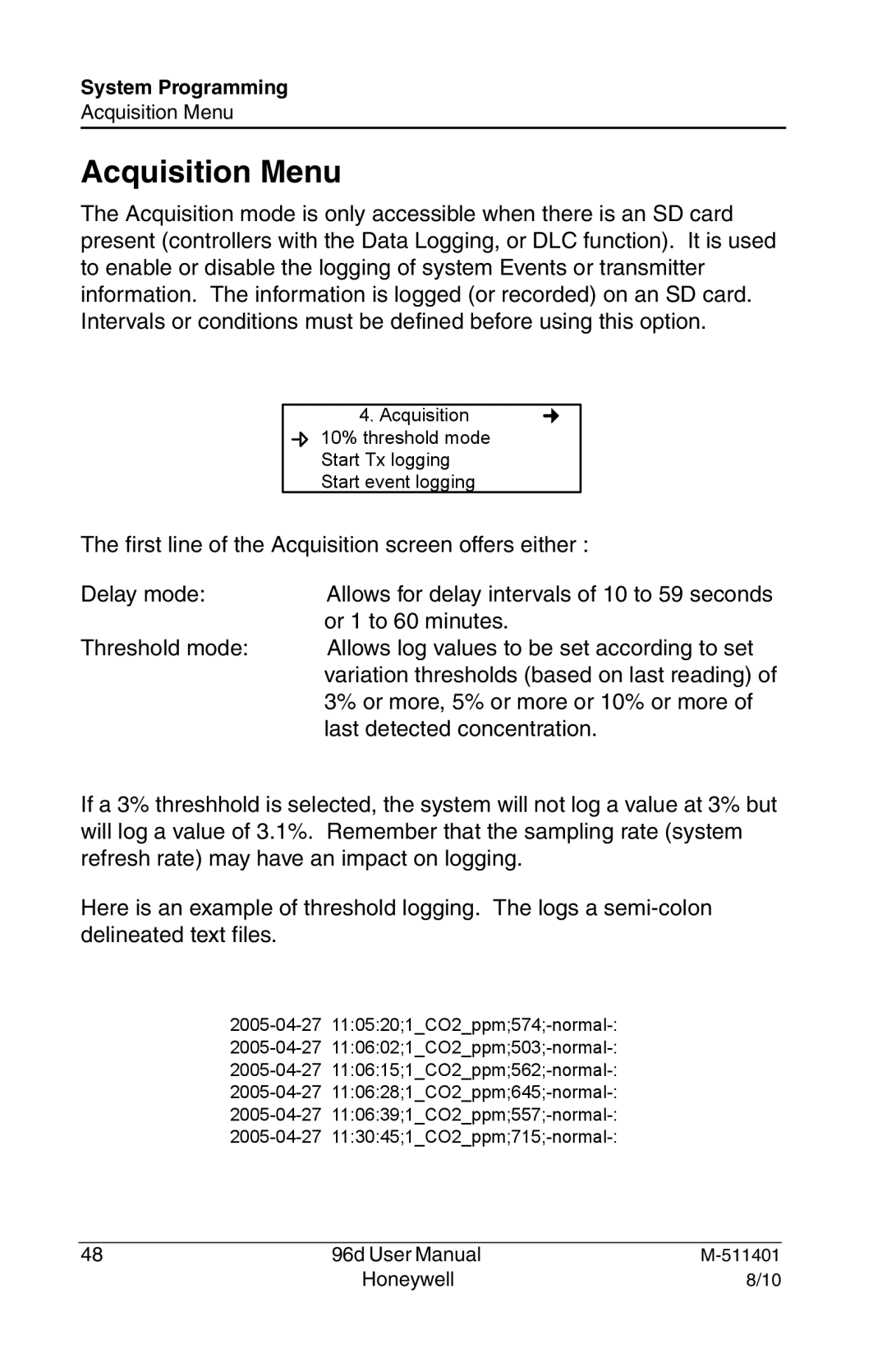 Honeywell 96D user manual Acquisition Menu 