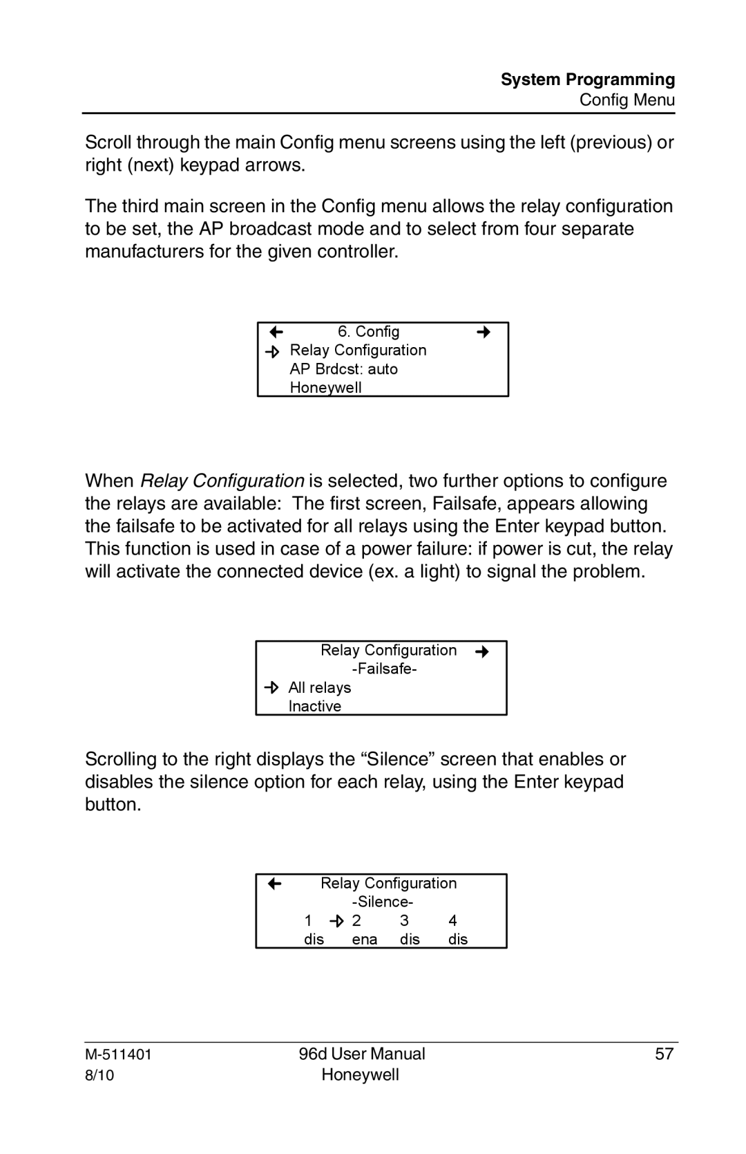 Honeywell 96D user manual Config Relay Configuration AP Brdcst auto Honeywell 