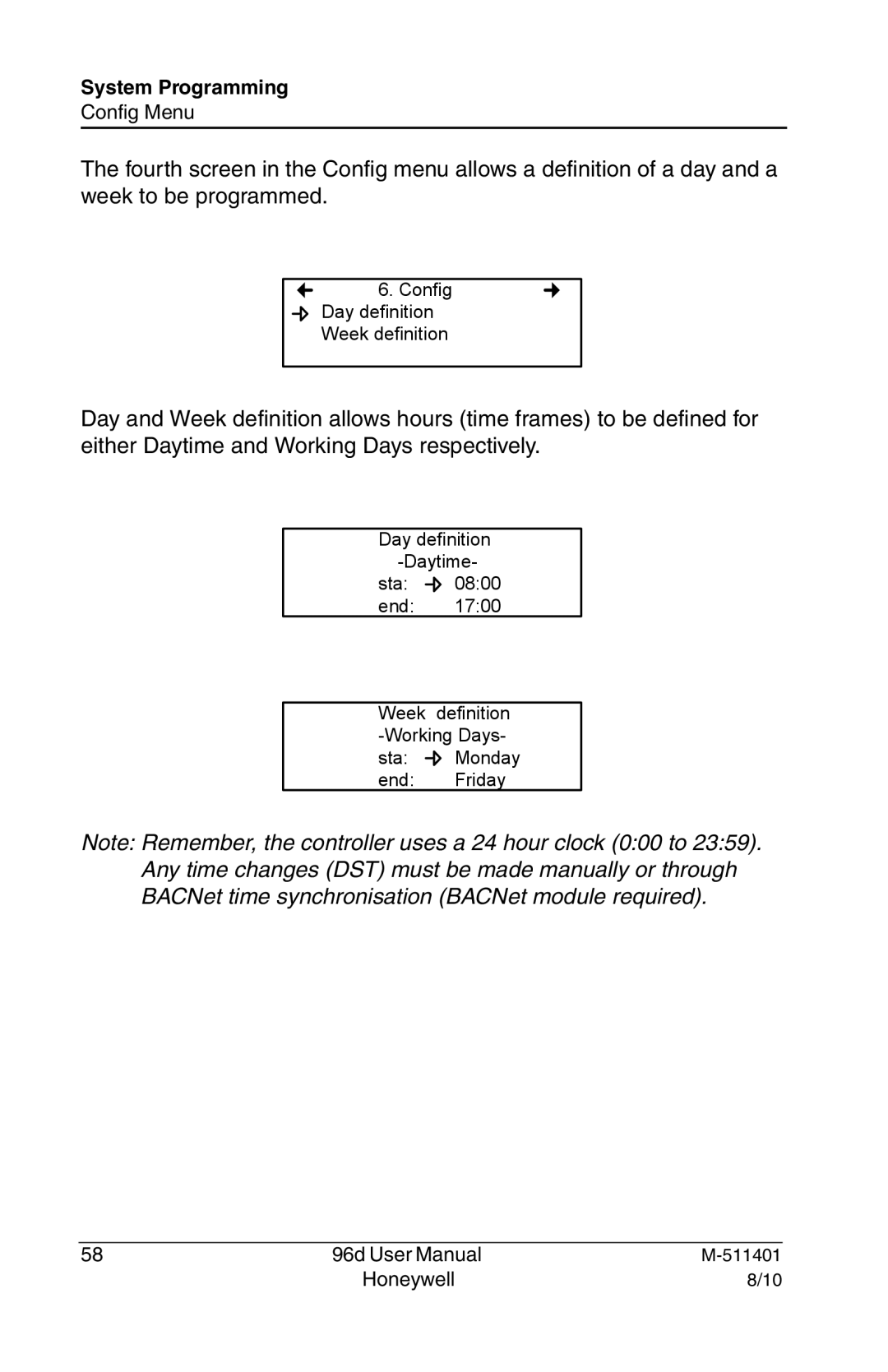 Honeywell 96D user manual Config Day definition Week definition 