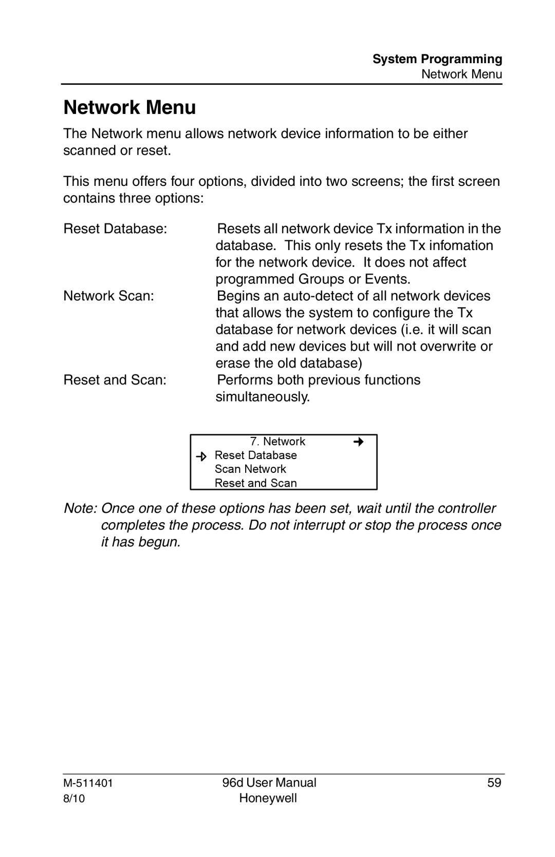 Honeywell 96D user manual Network Menu 