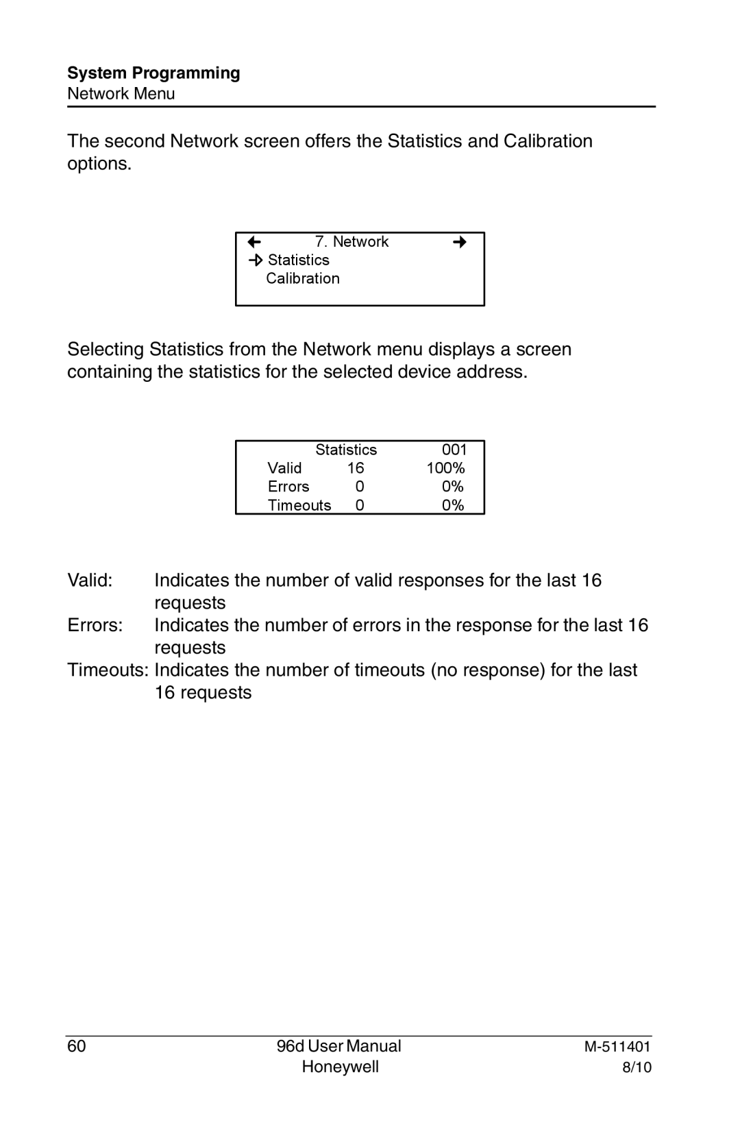 Honeywell 96D user manual Network Statistics Calibration 