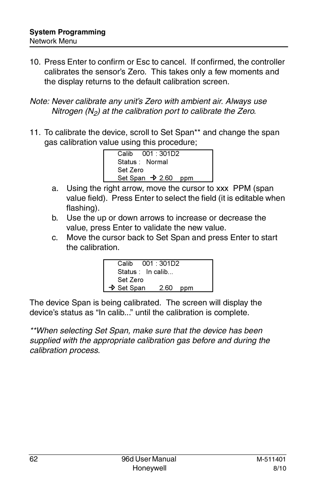 Honeywell 96D user manual Calib 001 301D2 Status Normal Set Zero Set Span 60 ppm 