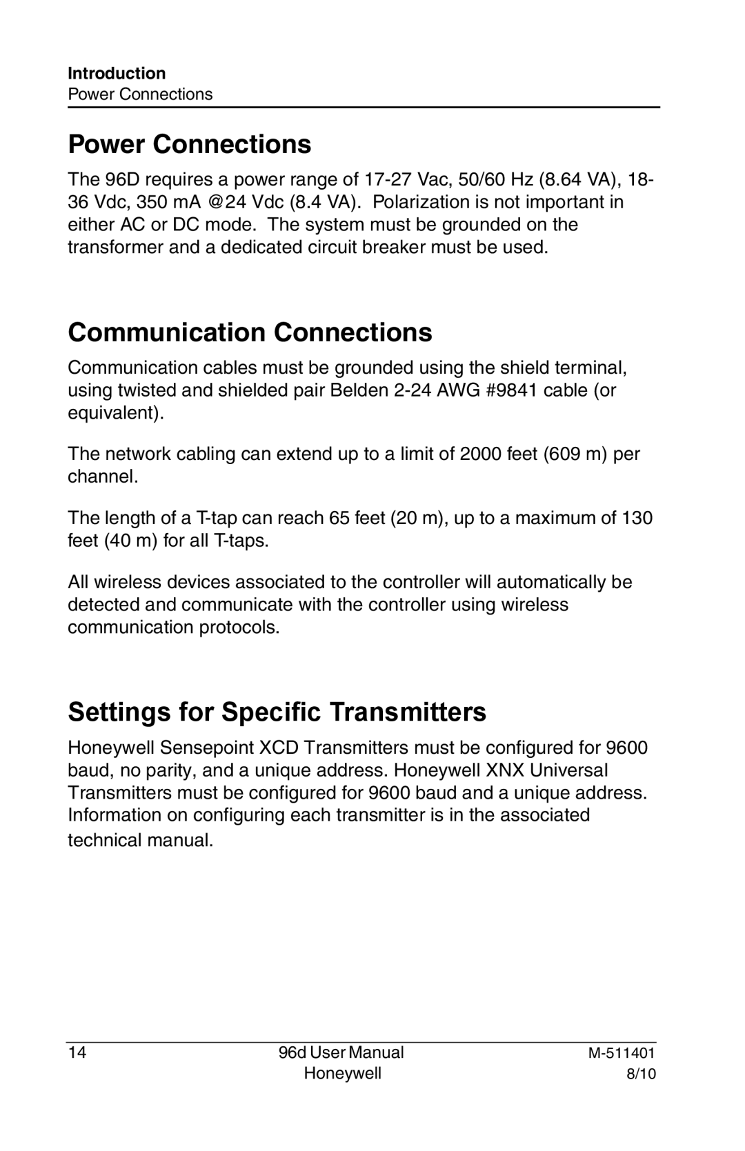Honeywell 96D user manual Power Connections, Communication Connections, Settings for Specific Transmitters 
