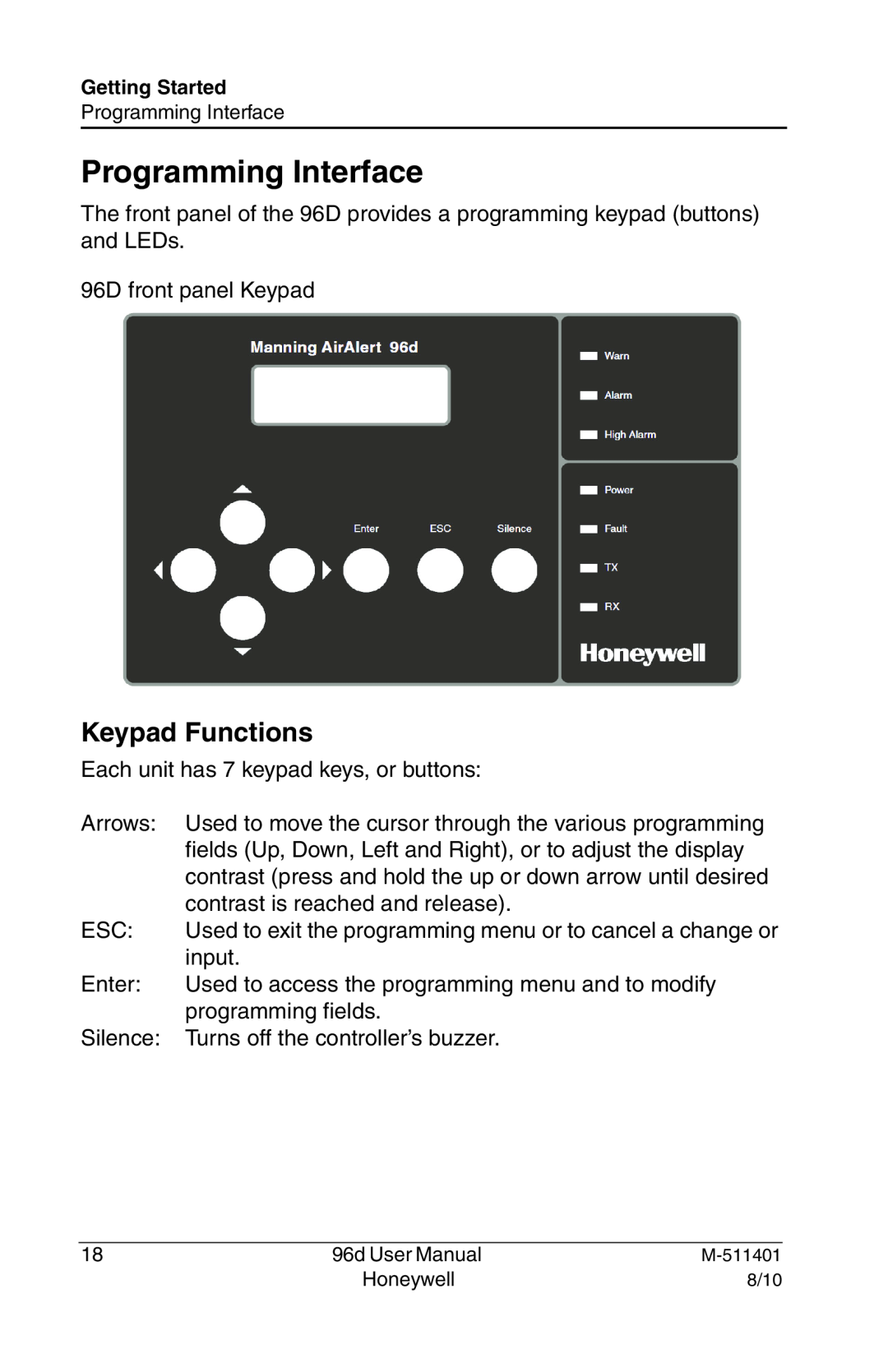 Honeywell 96D user manual Programming Interface, Keypad Functions 