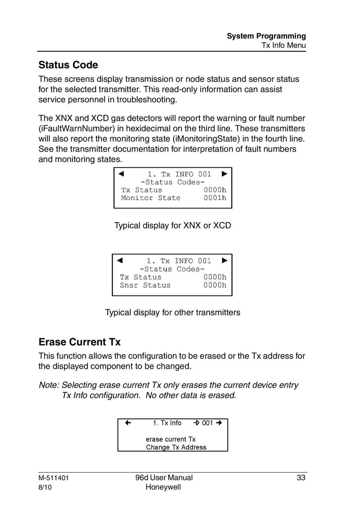 Honeywell 96D user manual Status Code, Erase Current Tx 