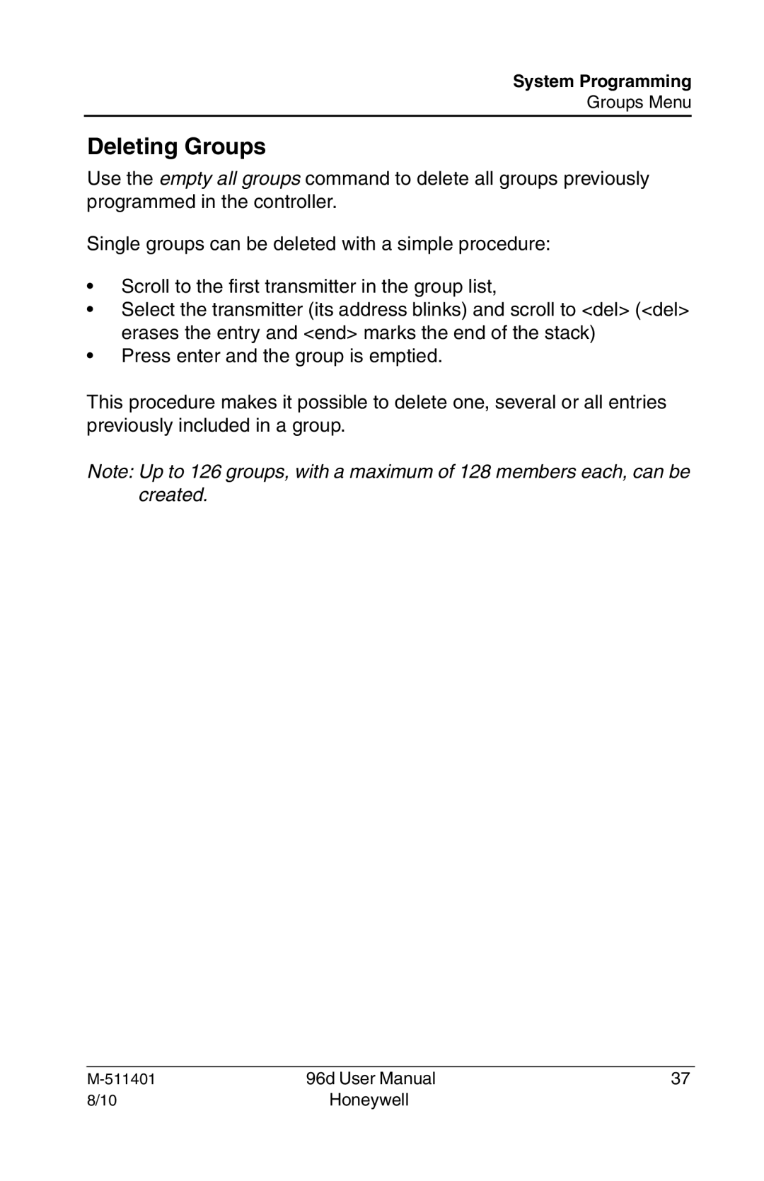 Honeywell 96D user manual Deleting Groups 