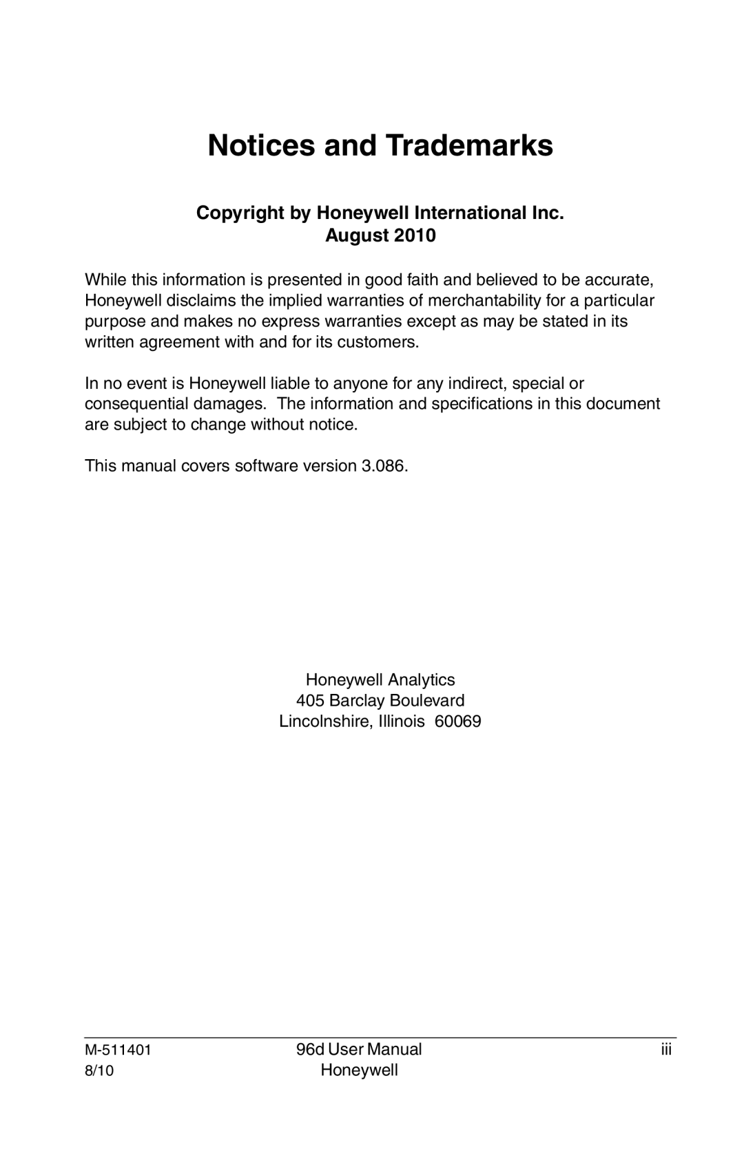 Honeywell 96D user manual Notices and Trademarks, Copyright by Honeywell International Inc August 