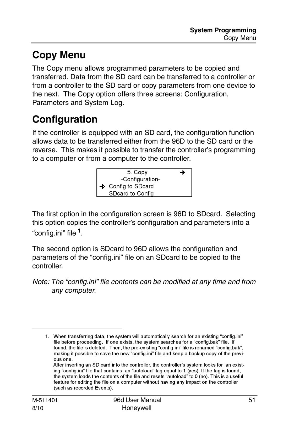 Honeywell 96D user manual Copy Menu, Configuration 