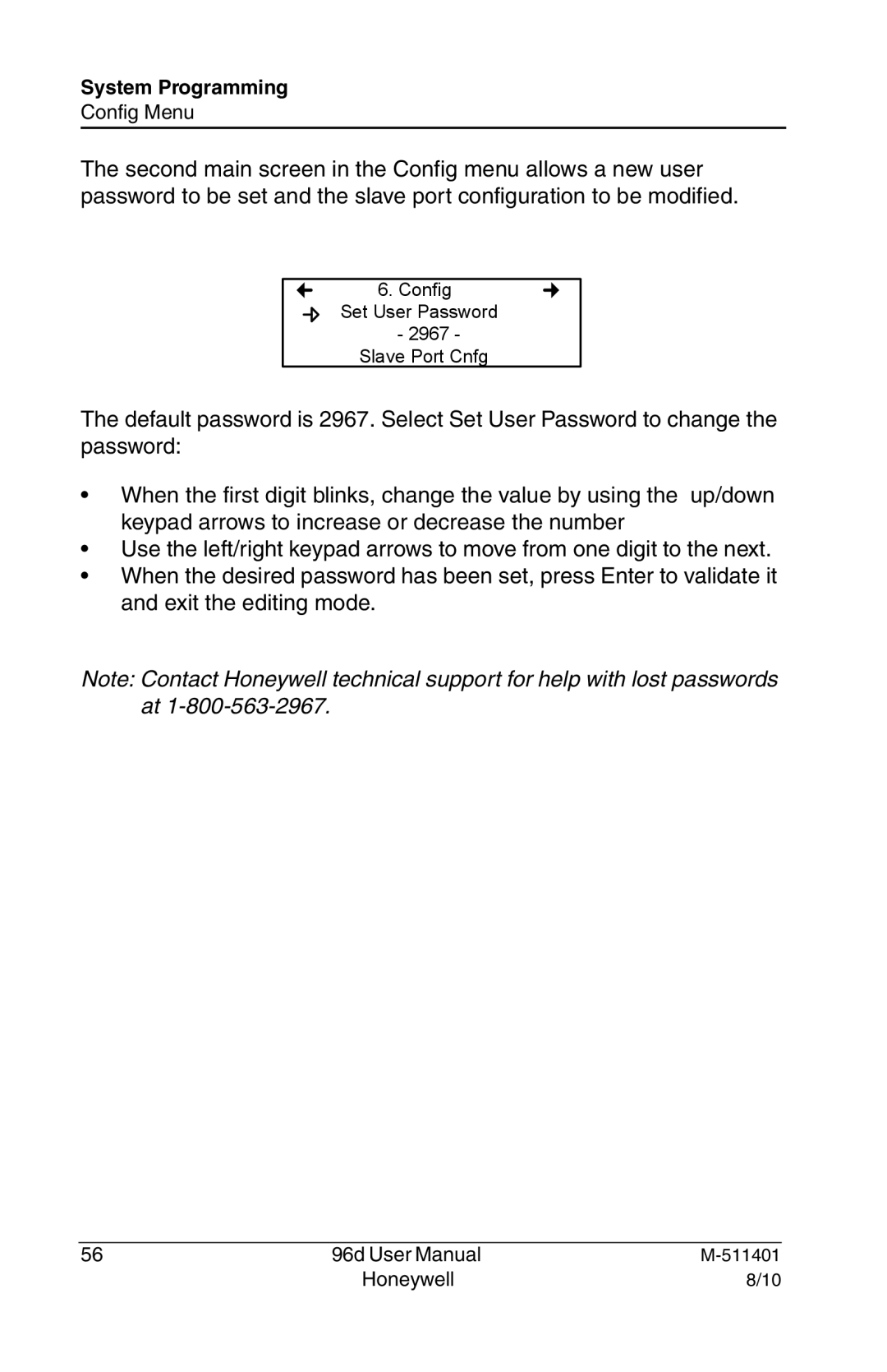 Honeywell 96D user manual Config Set User Password 2967 Slave Port Cnfg, M-511401, Honeywell, 8/10 