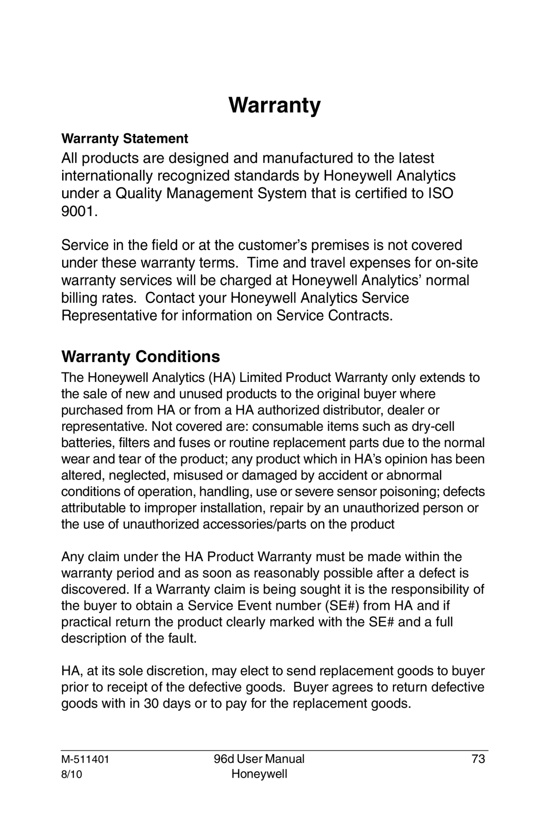 Honeywell 96D user manual Warranty Conditions 