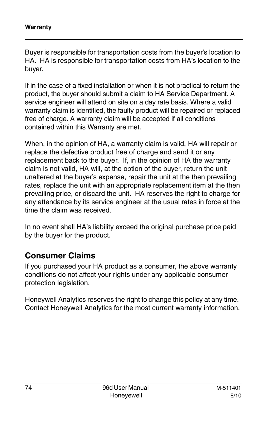 Honeywell 96D user manual Consumer Claims, Warranty 