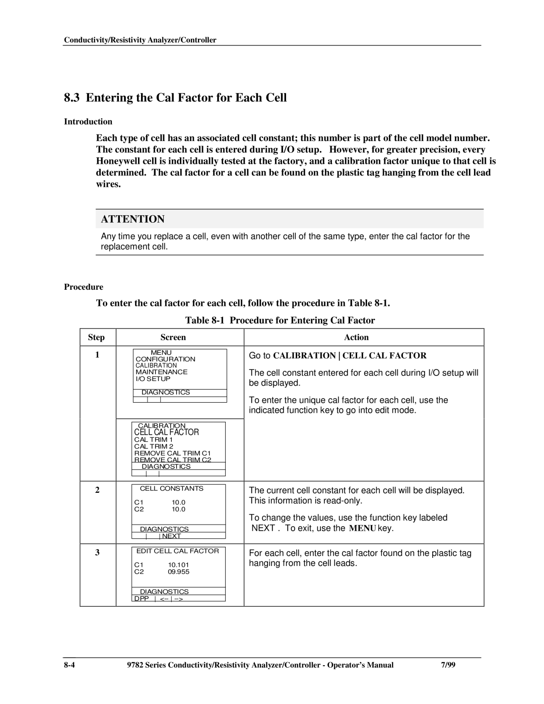 Honeywell 9782 Series manual Entering the Cal Factor for Each Cell, Procedure for Entering Cal Factor, Cell CAL Factor 