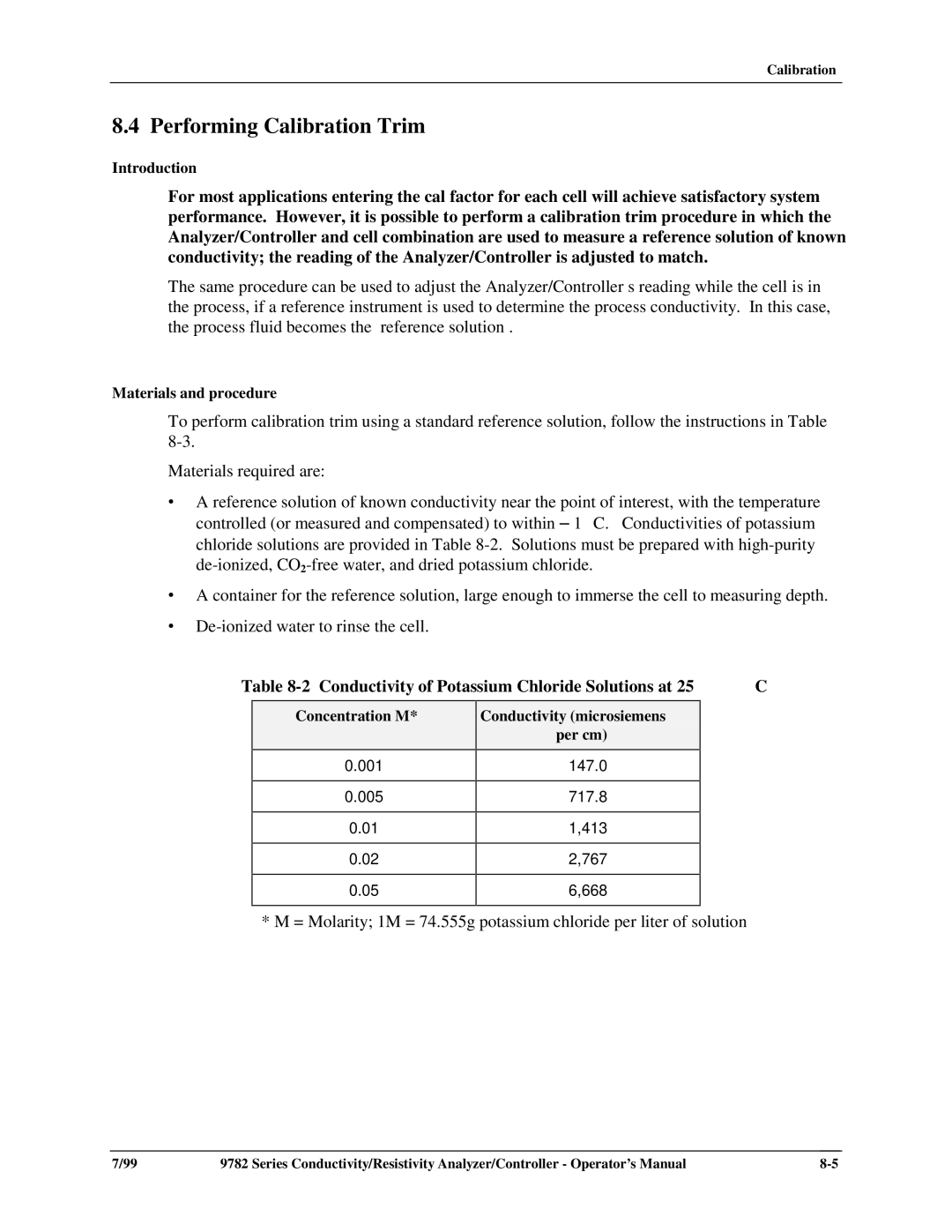 Honeywell 9782 Series Performing Calibration Trim, Conductivity of Potassium Chloride Solutions at 25 C, Concentration M 